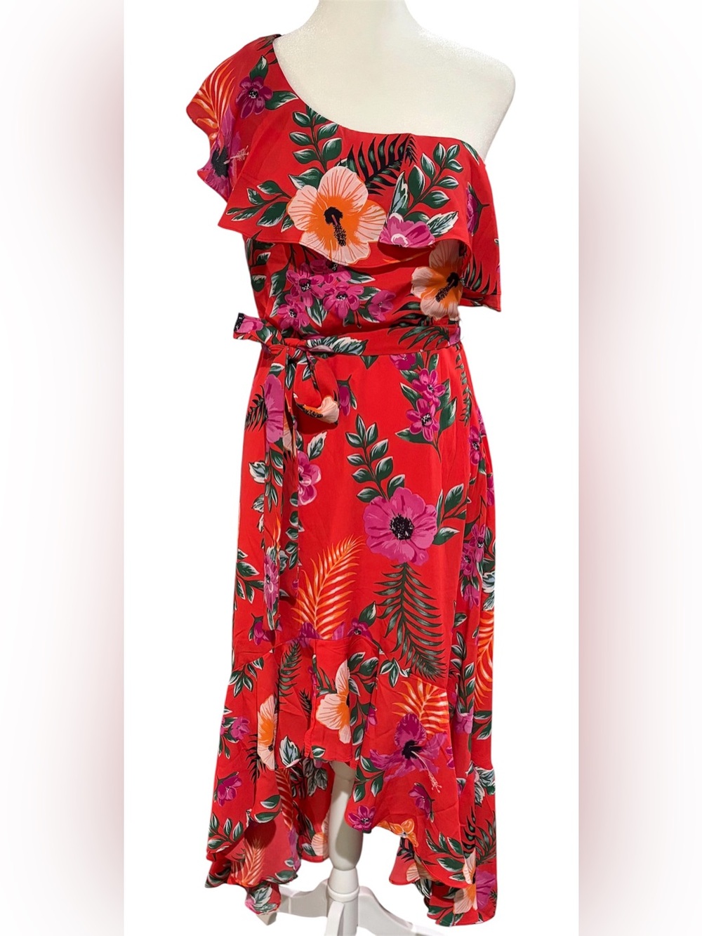 Mi Ami Tropical Print One Shoulder High Low Dress